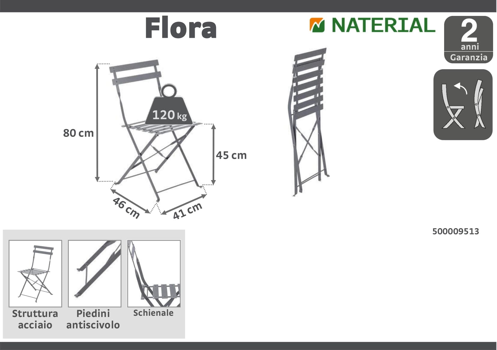 FLORA NATERIAL FOLDING CHAIR ANTHRACITE STEEL 41X47XH80 - Premium Garden Chairs from Bricocenter - Just €38.99! Shop now at Maltashopper.com