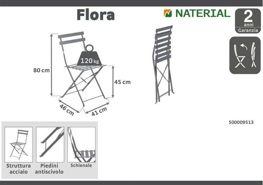 Bricocenter FLORA NATERIAL FOLDING CHAIR ANTHRACITE STEEL 41X47XH80