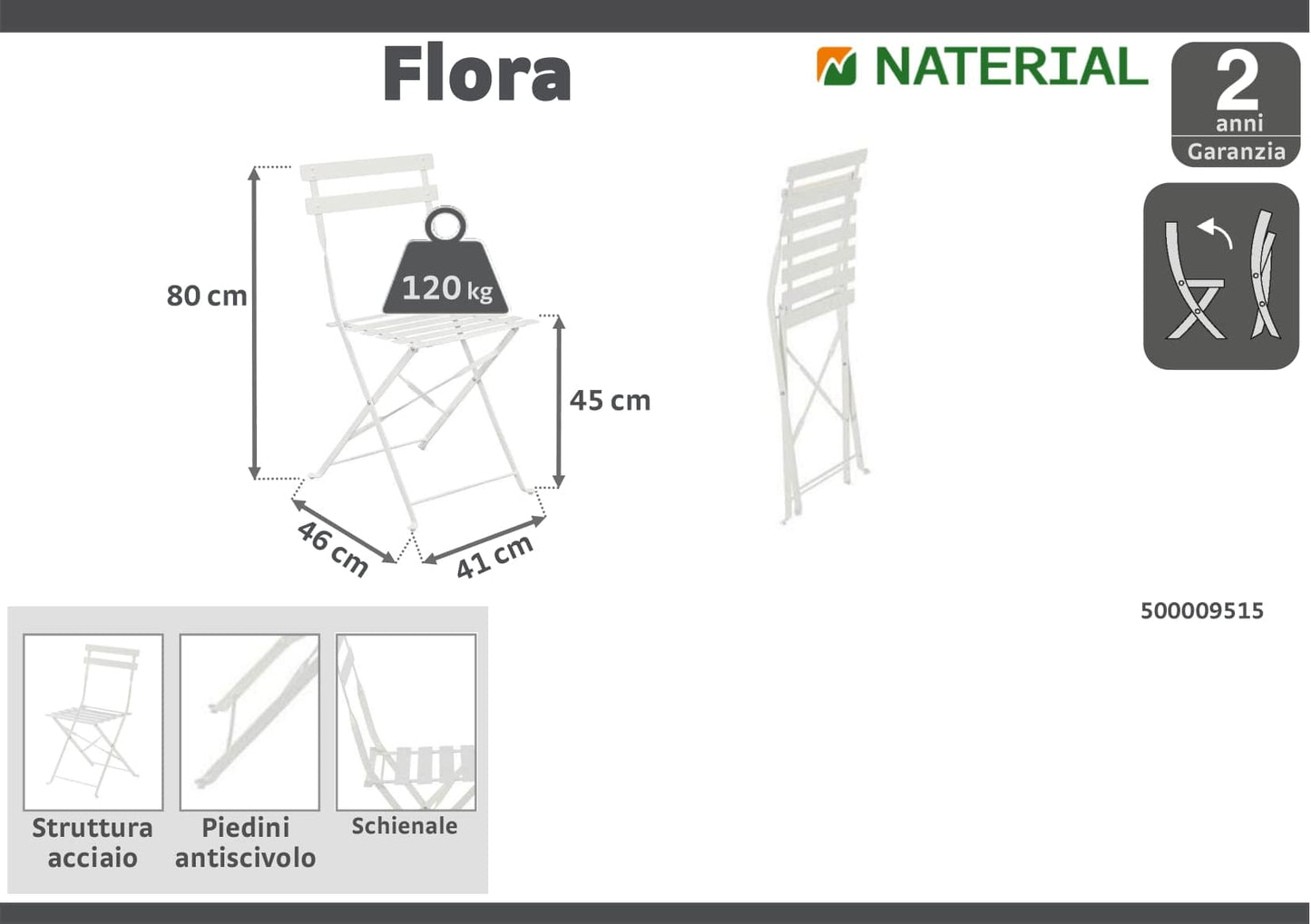 FLORA NATERIAL FOLDING CHAIR ECRU STEEL 41X47XH80