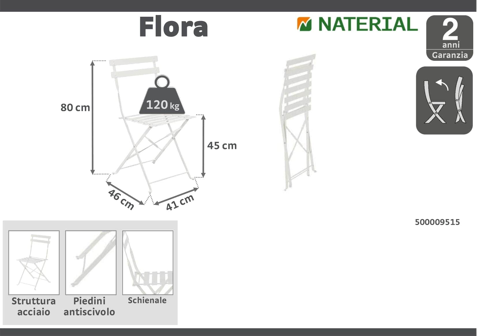 Bricocenter FLORA NATERIAL FOLDING CHAIR ECRU STEEL 41X47XH80