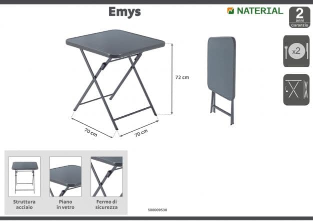 EMYS NATERAL TABLE Foldable 2 -seater square steel top glass 70x70xh70 - best price from Maltashopper.com BR500009530