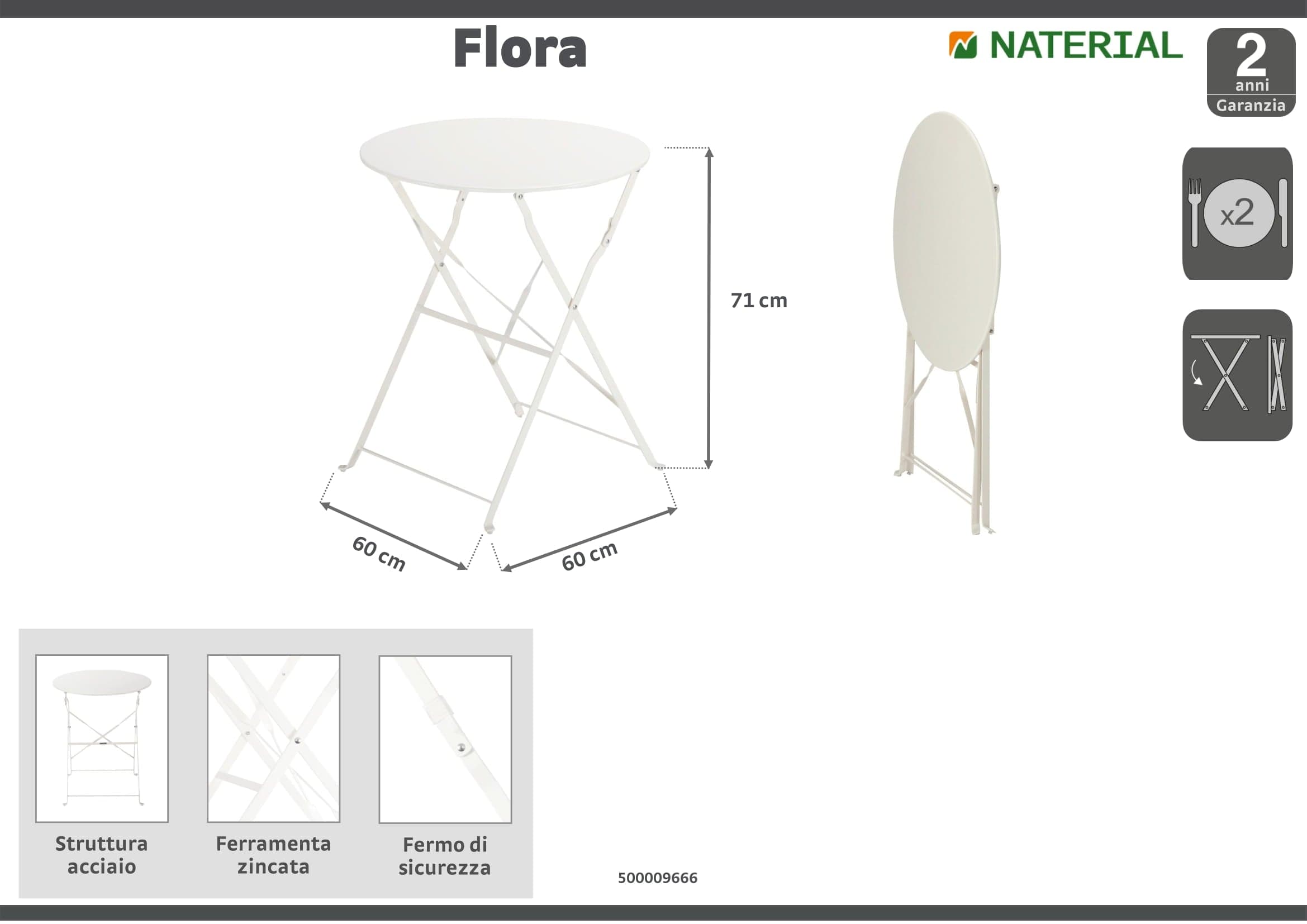 FLORA NATERIAL FOLDING TABLE 2 PLACES ROUND STEEL D 60XH71 - Premium Garden Tables from Bricocenter - Just €46.99! Shop now at Maltashopper.com