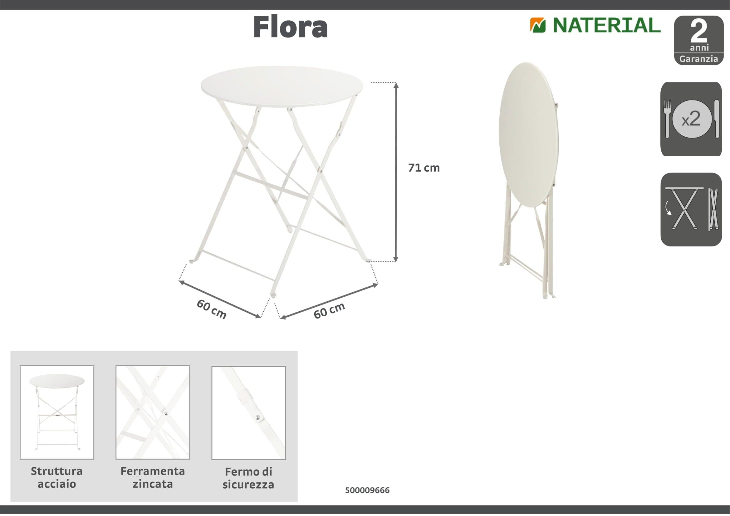 Bricocenter FLORA NATERIAL FOLDING TABLE 2 PLACES ROUND STEEL D 60XH71
