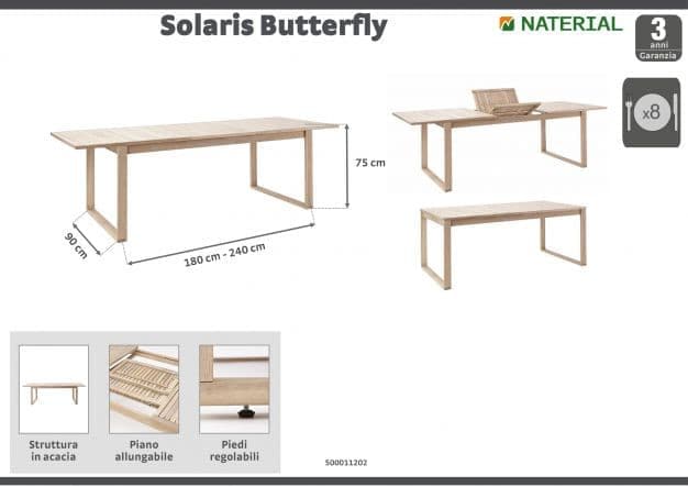 Bricocenter SOLARIS NATERIAL - Extendable Table - 6-8 seats rectangular - wood acacia 90x180-240xh75