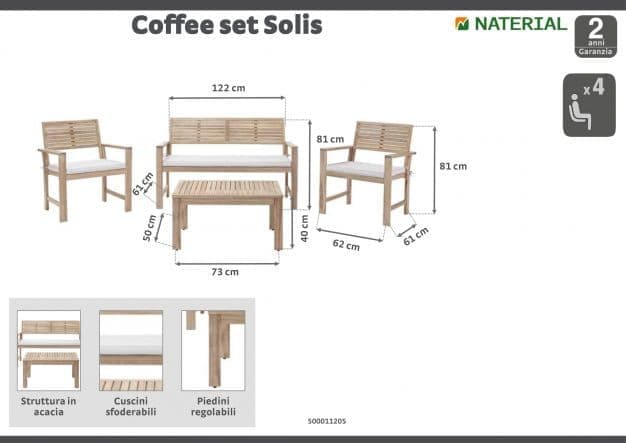 SOLIS NAZERAL - Coffee Set - seats 4 - Wood Acacia with cushions - best price from Maltashopper.com BR500011205