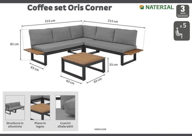 Oris Corner Naterial - Coffee Set 5 seats aluminum and eucalyptus wood with cushions - best price from Maltashopper.com BR500011209