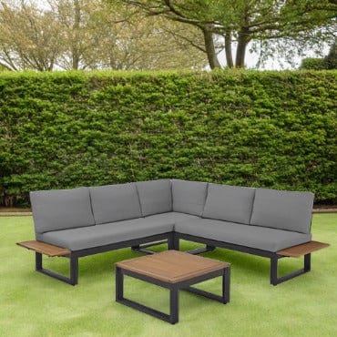 Bricocenter Oris Corner Naterial - Coffee Set 5 seats aluminum and eucalyptus wood with cushions