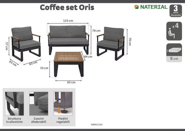 ORIS NATERIAL - Coffee Set 4 seats aluminum and eucalyptus wood with cushions