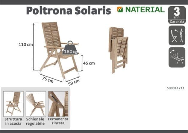 BRICOCENTER - SOLARIS NATERIAL - Foldable armchair with Armrests - Acacia wood - 59x75xh109.5 - best price from Maltashopper.com BR500011211