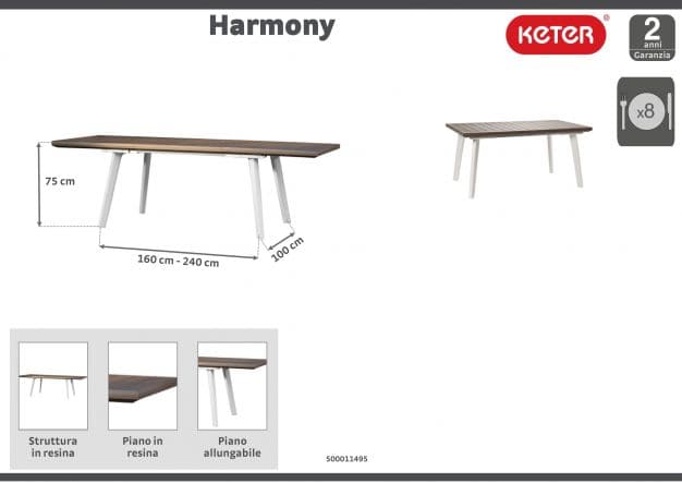 HARMONY KETER EXTENDING TABLE 10 SEATER RECTANGULAR RESIN 160-240X100XH74 - Premium Garden Tables from Bricocenter - Just €364.99! Shop now at Maltashopper.com
