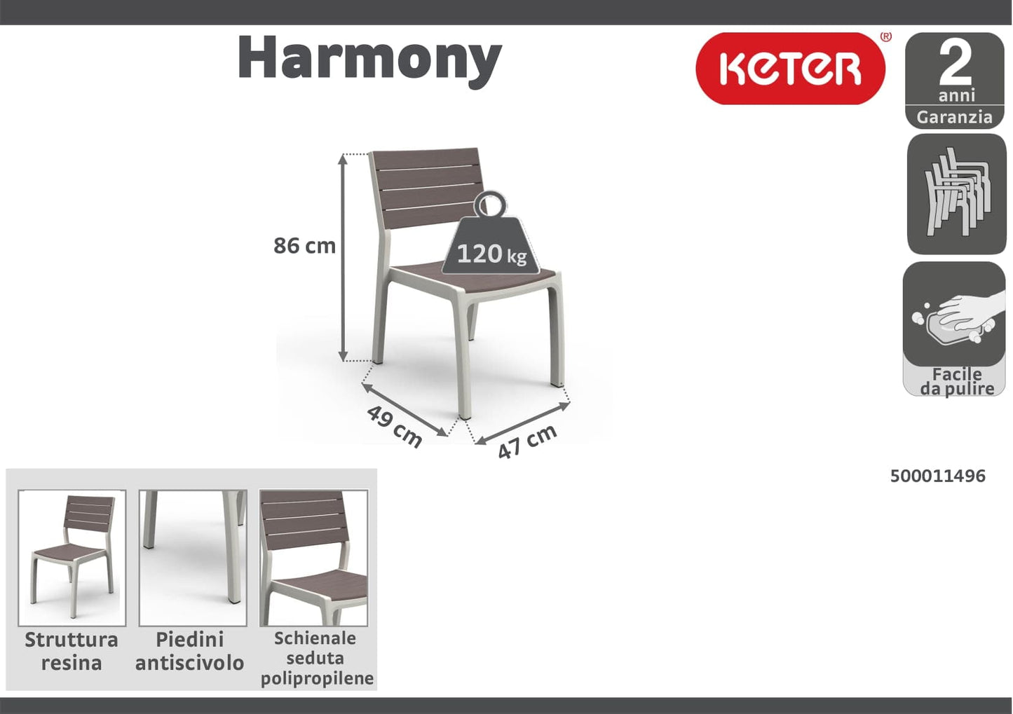 HARMONY KETER STACKABLE CHAIR WOOD-LIKE RESIN 60X47XH86