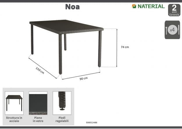 NOA NATERIAL TABLE 90X150X74 synthetic wicker steel and glass - best price from Maltashopper.com BR500012486