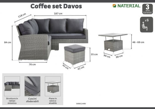 DAVOS CORNER SET 6 SEATS NATERIAL with liftable table 90X90 synthetic-aluminum wicker - best price from Maltashopper.com BR500012490