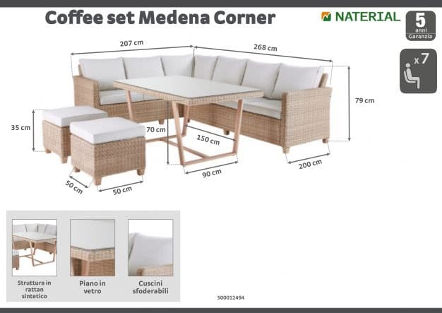 Bricocenter NATERIAL - MEDENA corner sofa, two seats and the table for 7 people, 150x90, synthetic rattan