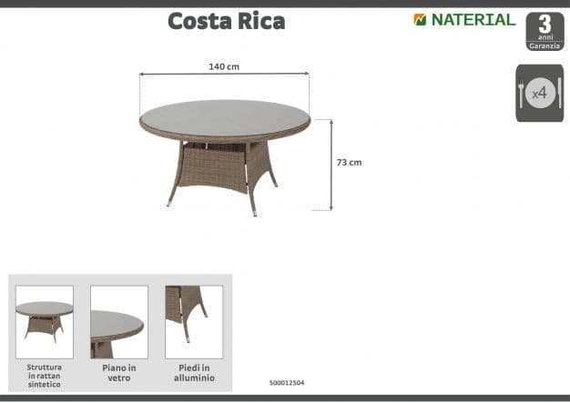 COSTA RICA NATERIAL DINING TABLE d 140 synthetic wicker, aluminum and glass - best price from Maltashopper.com BR500012504