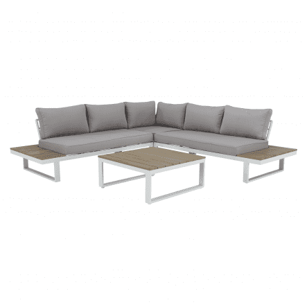 SAN DIEGO CORNER SET 5 SEATS with coffee table, aluminum eucalyptus, white