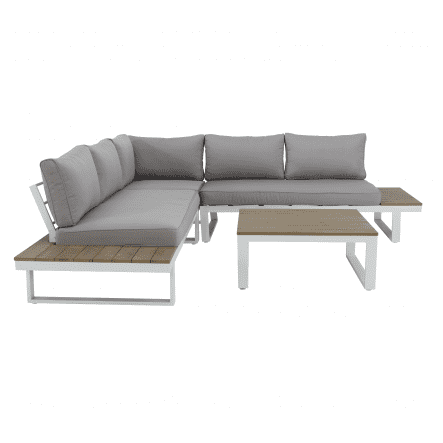 SAN DIEGO CORNER SET 5 SEATS with coffee table, aluminum eucalyptus, white