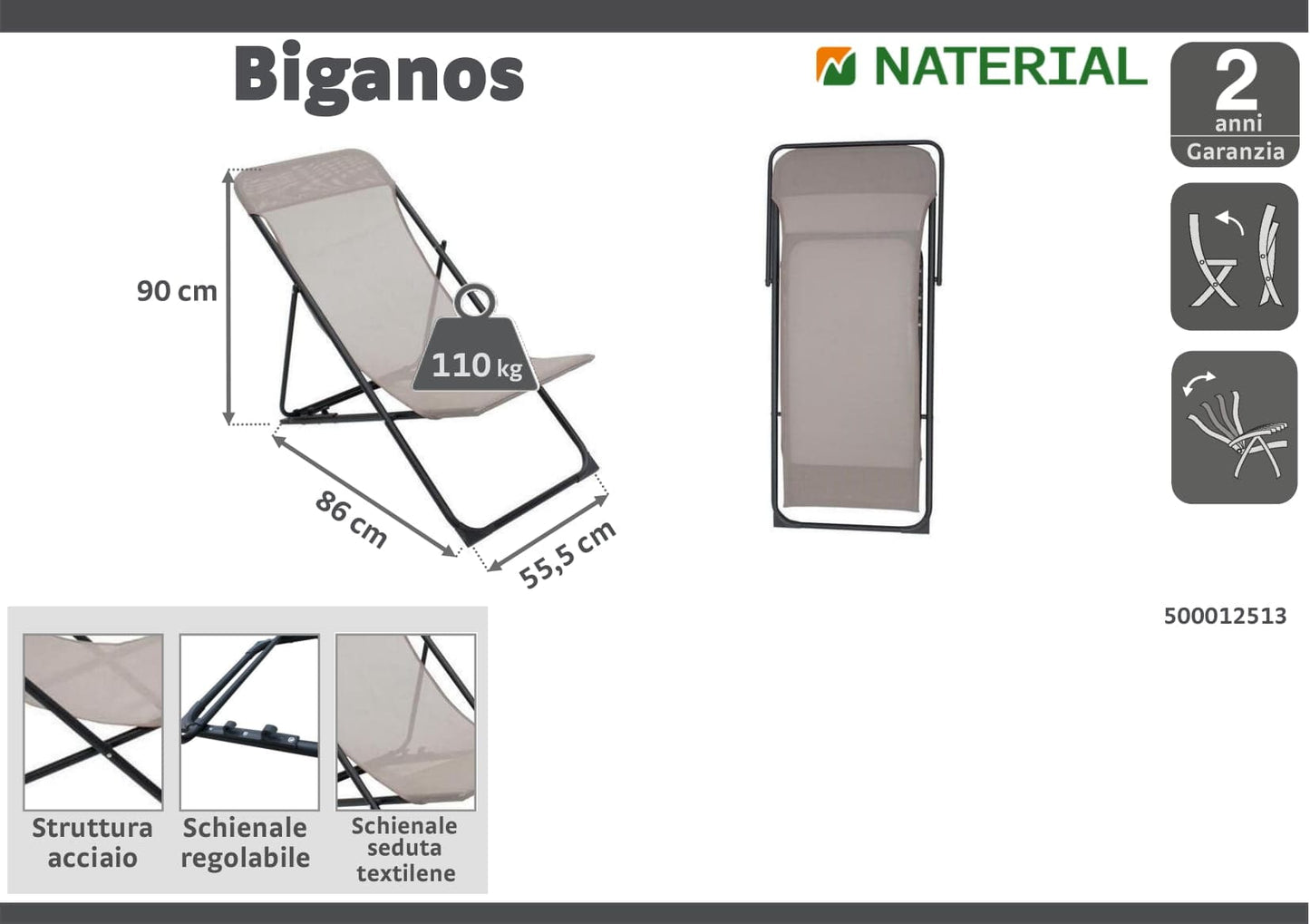 BIGANOS RELAX FOLDING DECKCHAIR STEEL TEXTILENE DOVE GREY