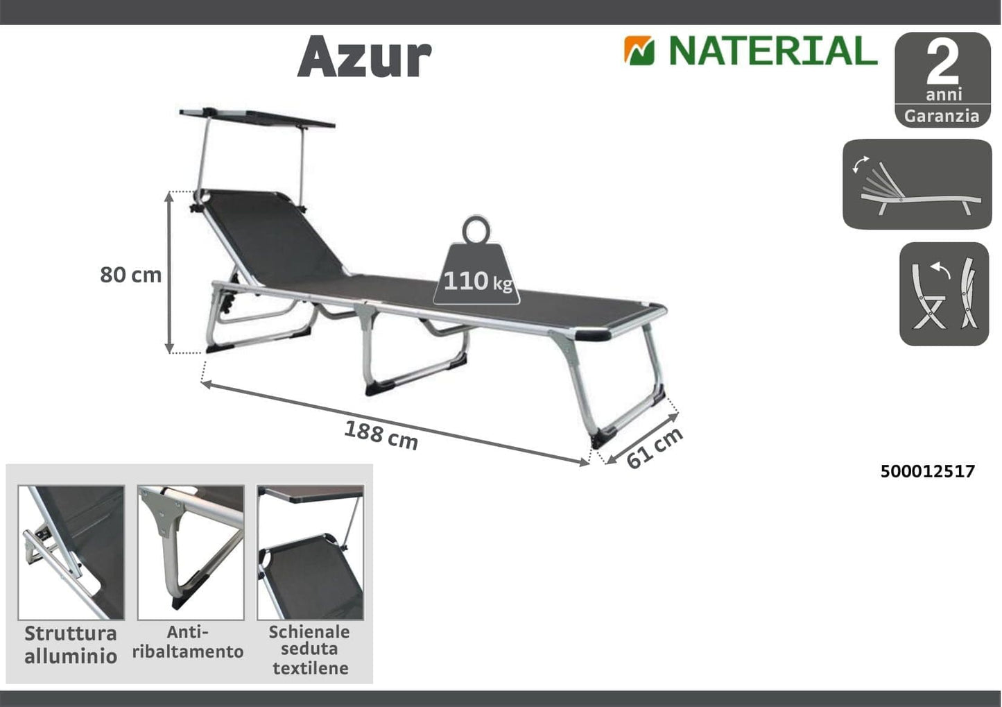 AZUR Folding sunbed with anthracite textile aluminum canopy