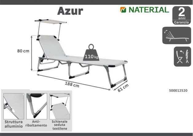 AZUR Folding sunbed with white textile aluminum canopy - best price from Maltashopper.com BR500012520