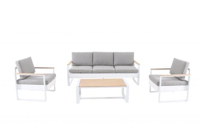 IBIZA -Coffee set, 5seats, sofa, 2 armchairs , table, aluminium, eucalyptus, white