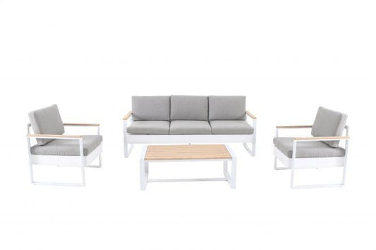 IBIZA -Coffee set, 5seats, sofa, 2 armchairs , table, aluminium, eucalyptus, white