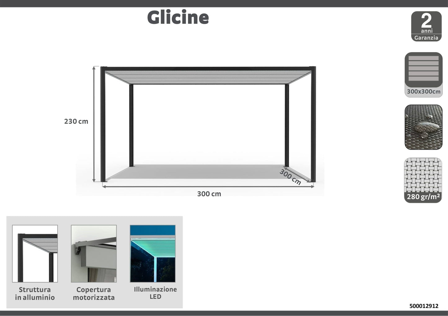 PERGOLA IN ALUMINUM GLICINE L294xP294xH235 anthracite, motorized cover, led