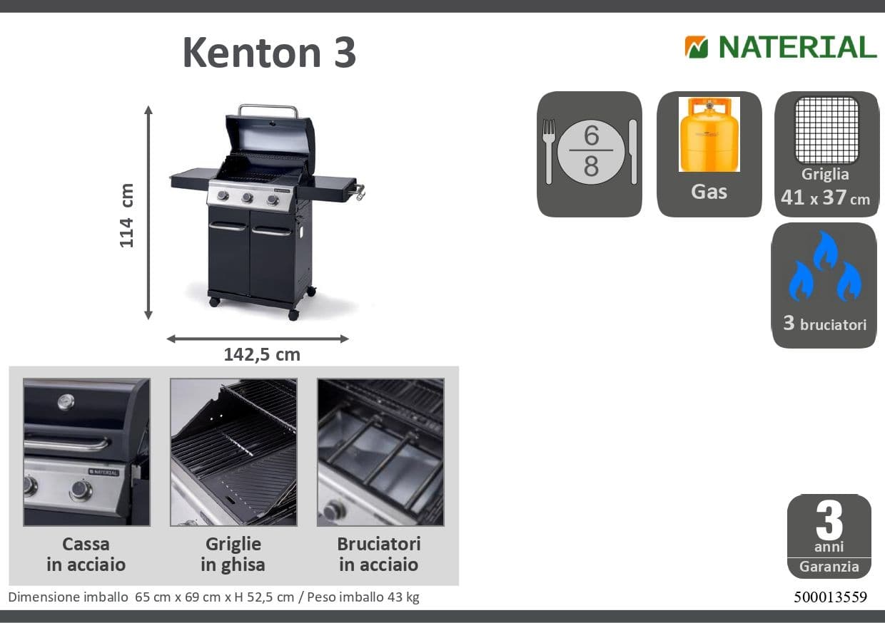 NATERIAL KENTON GAS BBQ 3 Burners - best price from Maltashopper.com BR500013559