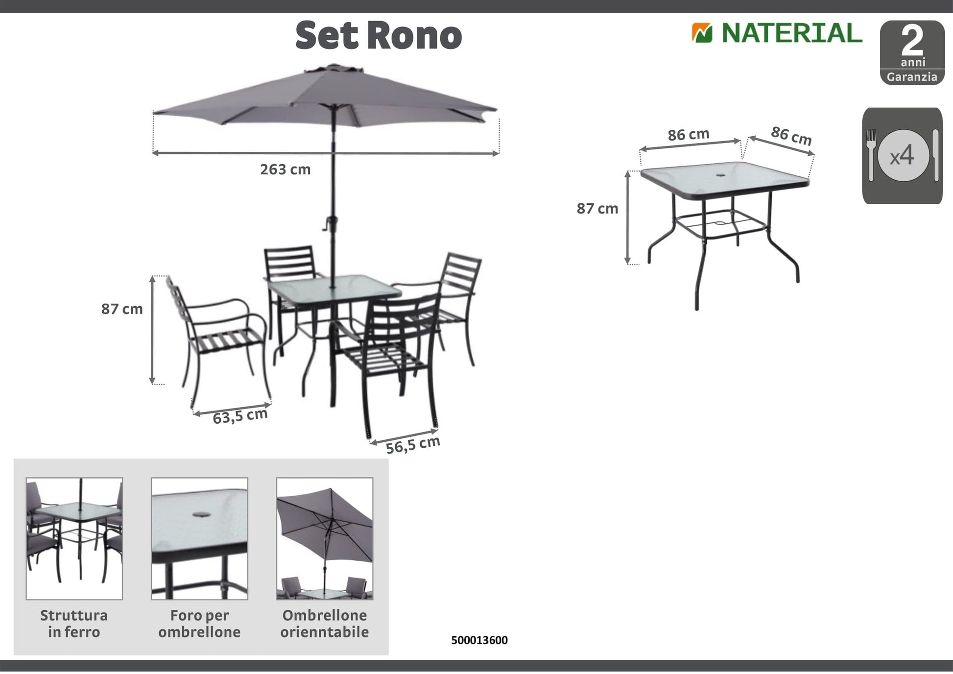 RONO NATERIAL SET 4 chairs, 1 table and umbrella in anthracite steel - best price from Maltashopper.com BR500013600