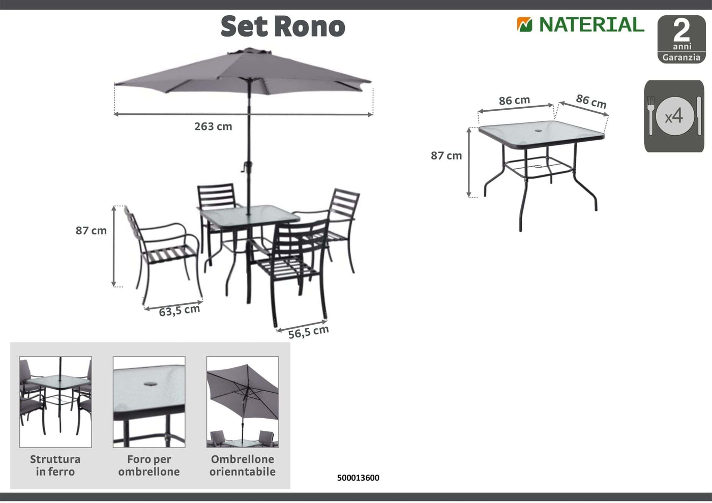 Bricocenter RONO NATERIAL SET 4 chairs, 1 table and umbrella in anthracite steel