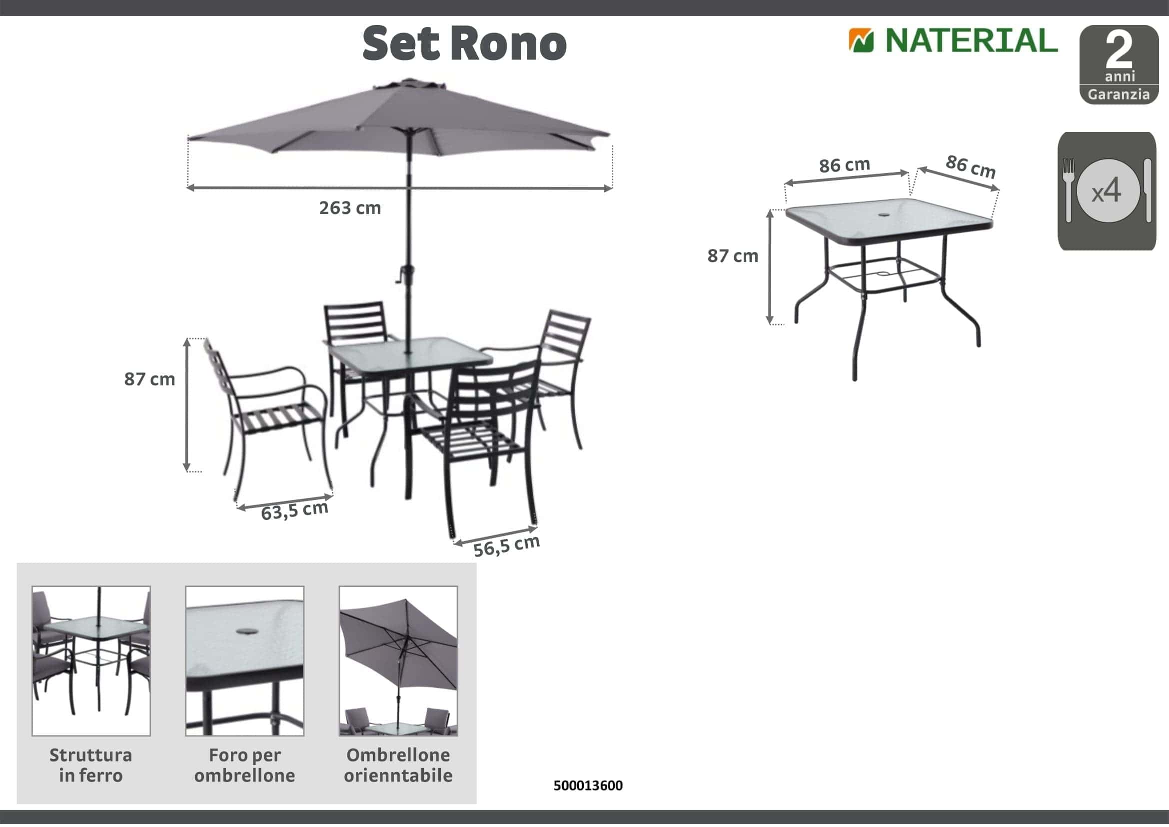 RONO NATERIAL SET 4 chairs, 1 table and umbrella in anthracite steel