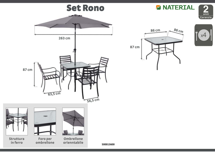 Bricocenter RONO NATERIAL SET 4 chairs, 1 table and umbrella in anthracite steel