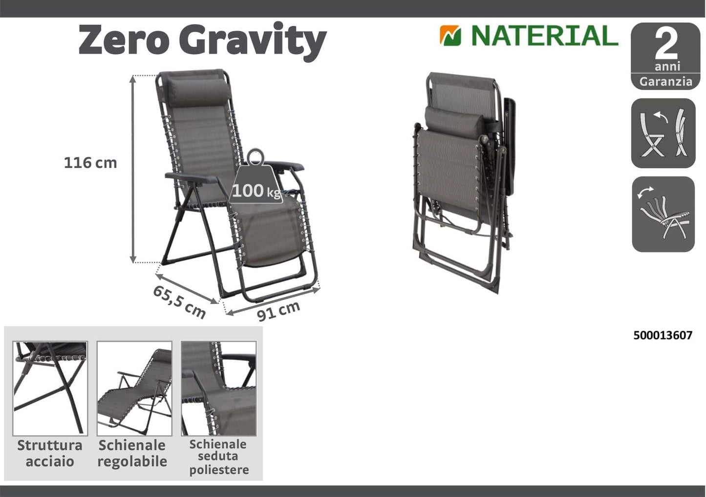 ZERO GRAVITY Armchair textilene steel 91X65.5X116 with light gray cushion - best price from Maltashopper.com BR500013607