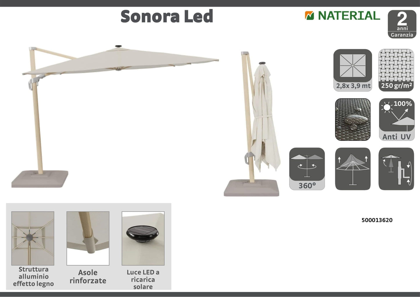 SONORA NATERIAL Umbrella with arm aluminum 280X390 white with led lighting - best price from Maltashopper.com BR500013620