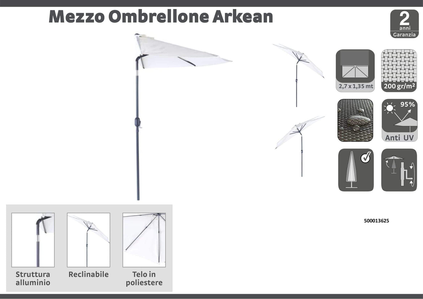 Bricocenter Half round balcony umbrella arkea Naterial in aluminum 270X135 white