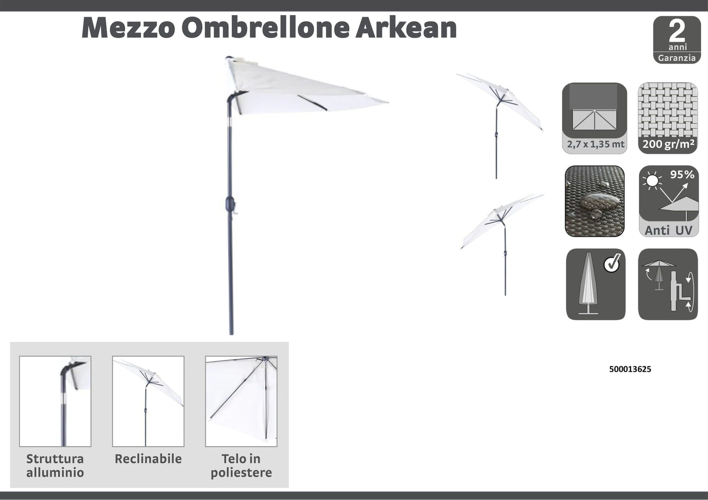 Half round balcony umbrella arkea Naterial in aluminum 270X135 white - best price from Maltashopper.com BR500013625