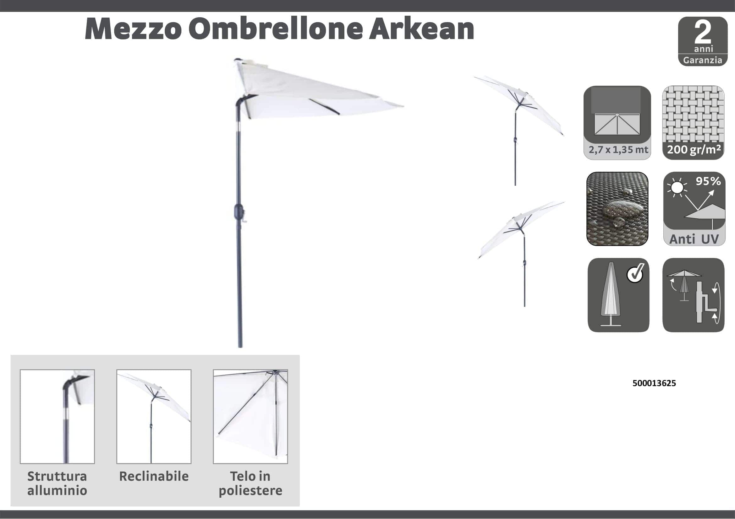 Bricocenter Half round balcony umbrella arkea Naterial in aluminum 270X135 white