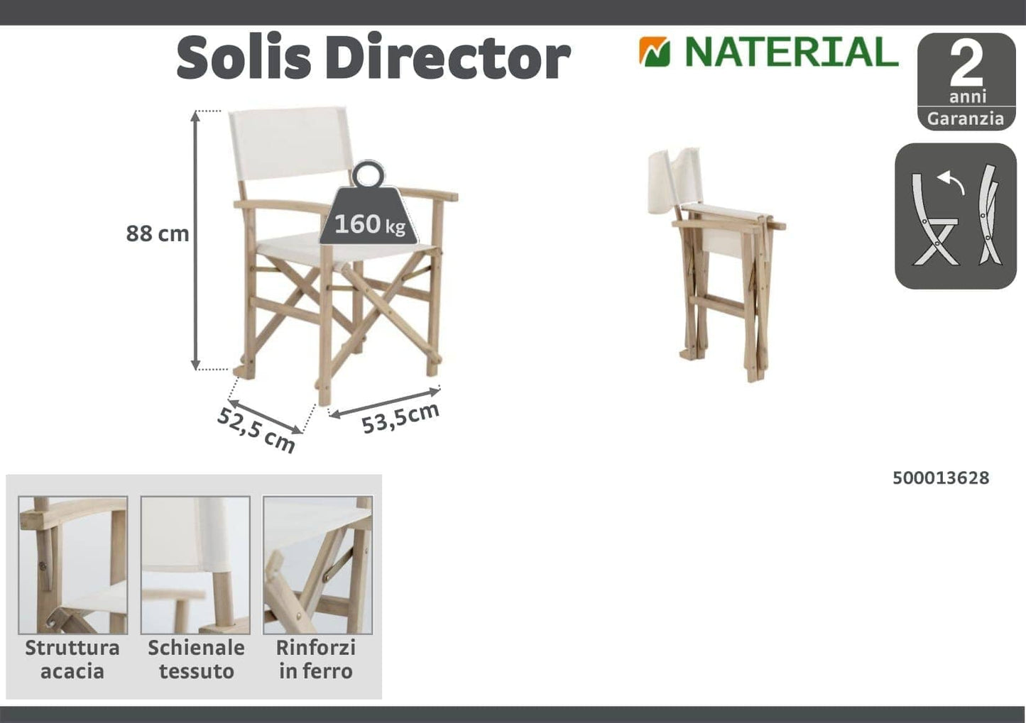 Bricocenter SOLIS NATERIAL - director chair, acacia FSC, 52.5x50.5x87cm, cream color