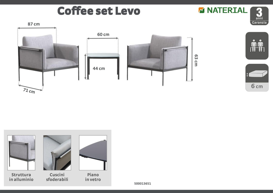 Bricocenter COFFEE SET 2 Seats naterial, 2 aluminum armchairs and table with anthracite glass top