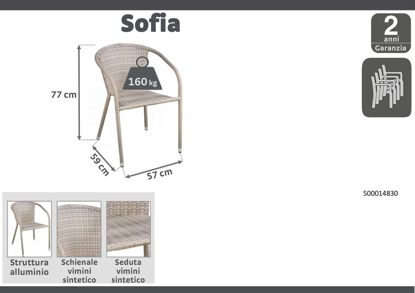 STACKABLE SOFIA CHAIR 57Xd59Xh77cm In steel covered in synthetic rattan