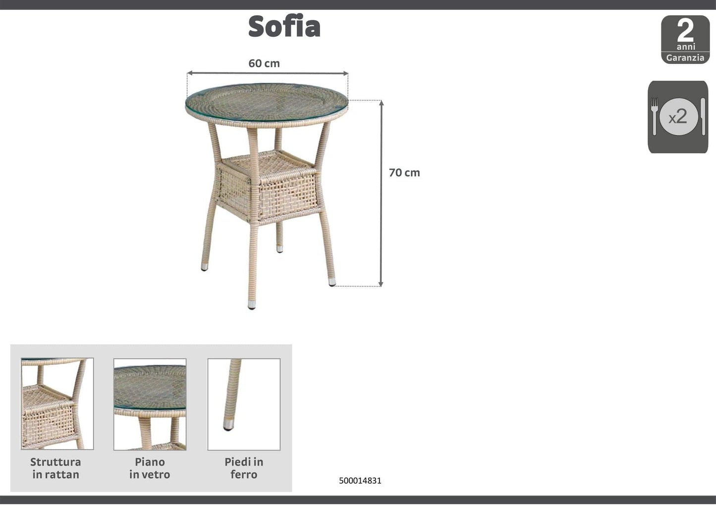 Bricocenter SOFIA COFFEE TABLE IN STEEL Diam 60X 72h covered in synthetic rattan with 6mm glass top