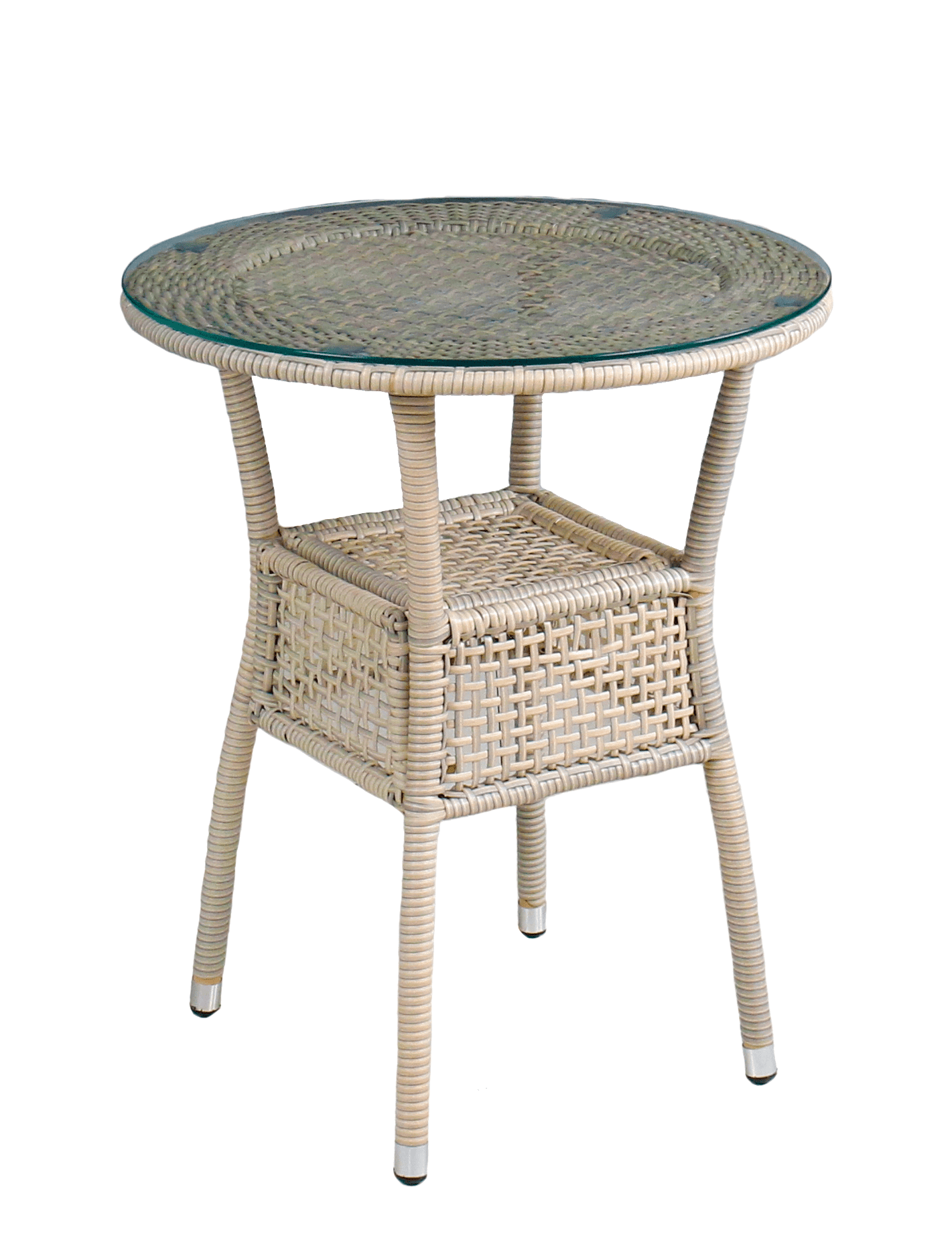 SOFIA COFFEE TABLE IN STEEL Diam 60X 72h covered in synthetic rattan with 6mm glass top