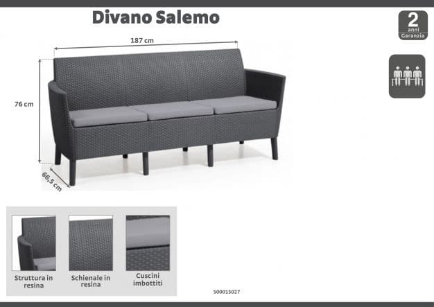 SALEMO 3-SEATER SOFA 187X66,5X76H GRAPHITE WITH CUSHIONS - best price from Maltashopper.com BR500015027