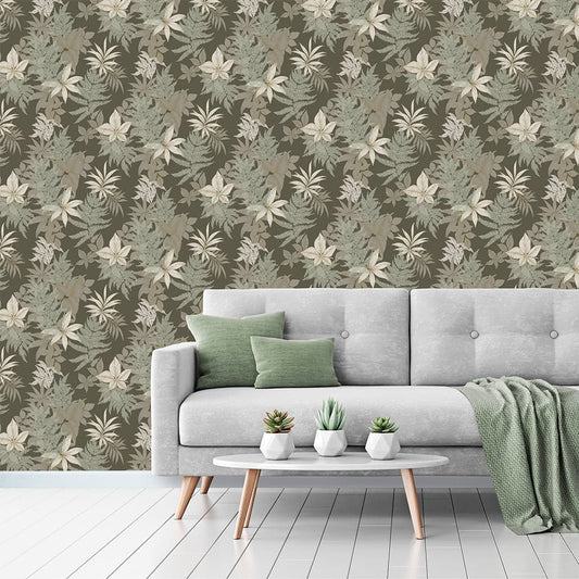 FERN WALLPAPER WHITE ON GREEN BACKGROUND 53CMX10.5M