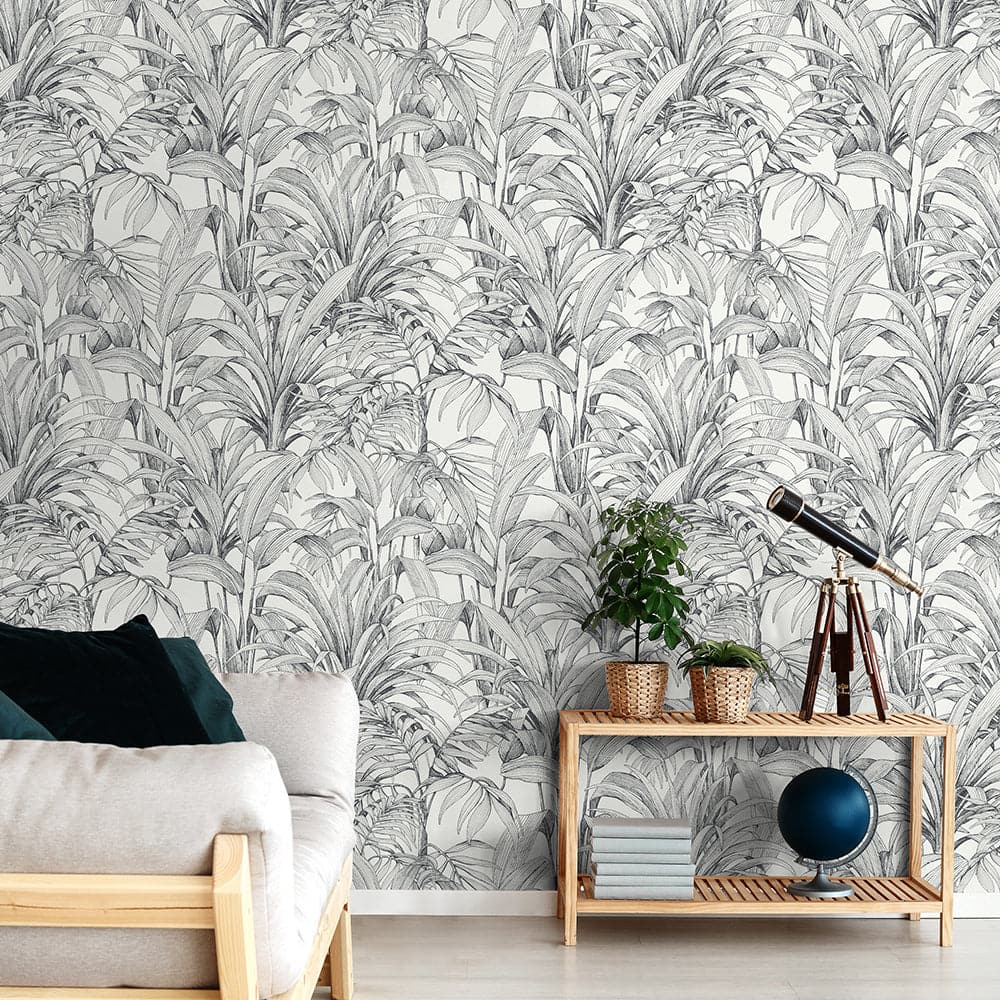 BLACK FERN WALLPAPER ON WHITE BACKGROUND 53CMX10.5M