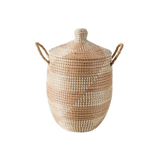 Casa YASMINE Deluxe basket with lid, white, natural H 55 cm - Ø 36 cm