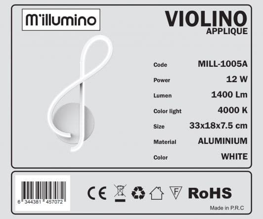 Bricocenter WALL LAMP VIOLIN METAL WHITE 28X12 CM 12W NATURAL LIGHT