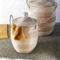 YASMINE Deluxe basket with lid, white, natural H 55 cm - Ø 36 cm - best price from Maltashopper.com CS668339