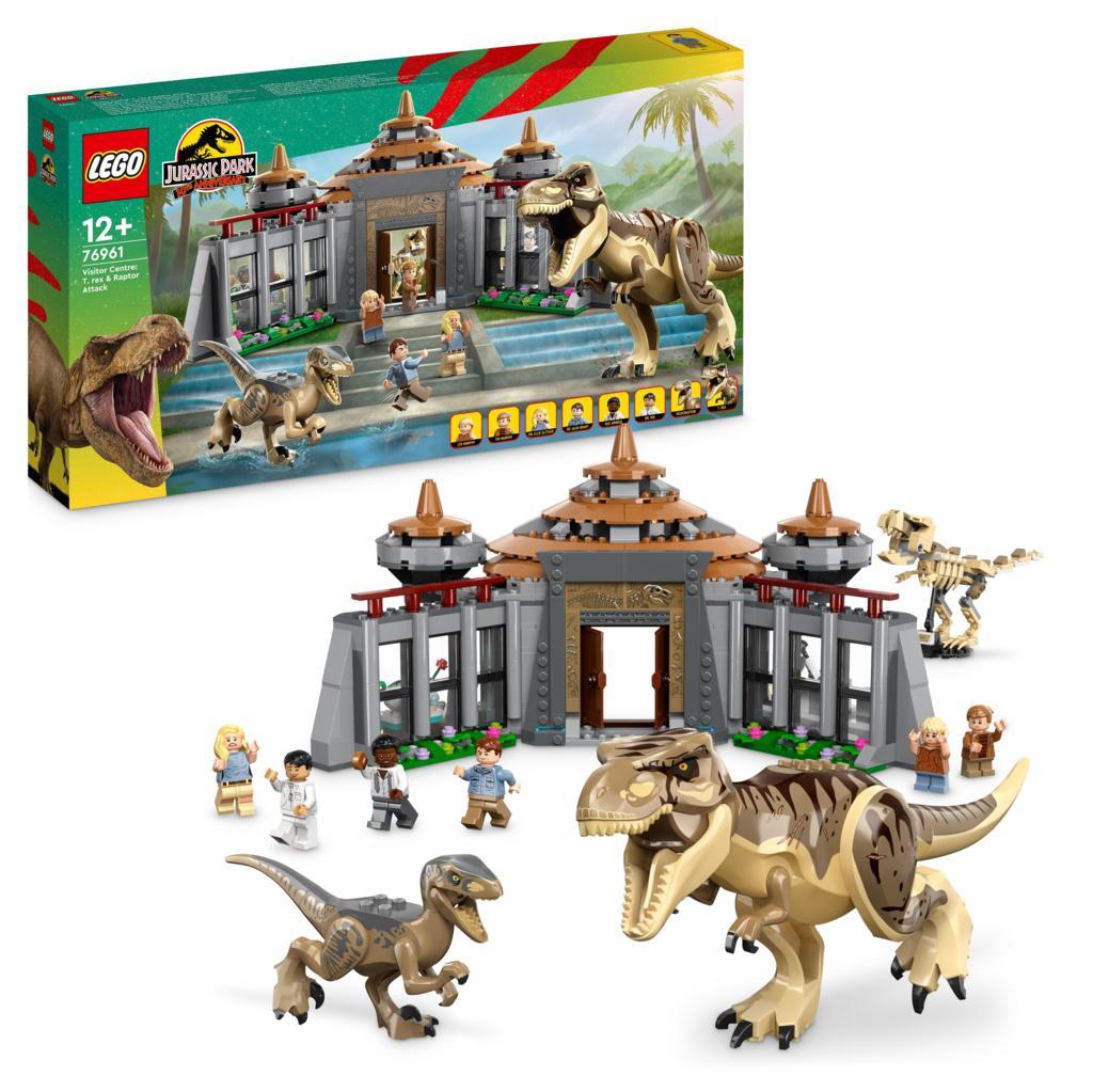 LEGO Jurassic Park Visitor Center: T. rex & Raptor Attack Buildable Dinosaur Toy Including a Dino Skeleton Figure, 6 Minifigures and More