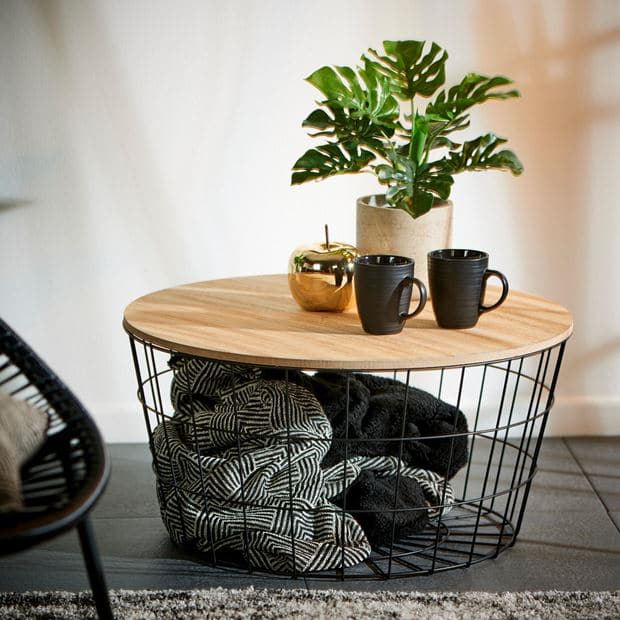 WIRE XL Black, natural XL storage table H 34.5 cm - Ø 67 cm - best price from Maltashopper.com CS596176